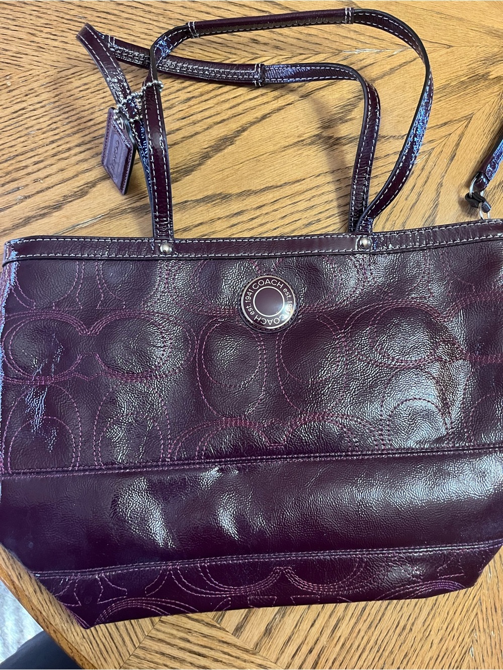 Coach Purple Leather Signature Tote with Round Logo Accent
